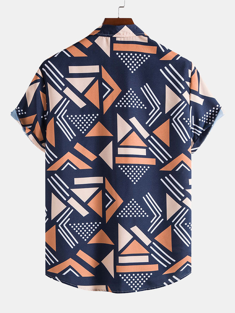 Men's Geometric Print Shirt with Elastic Waist Shorts Set