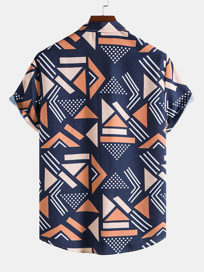 Men's Geometric Print Shirt with Elastic Waist Shorts Set