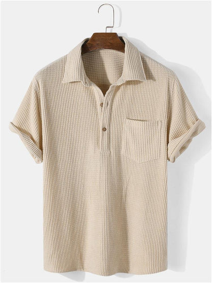 Men's Button Placket Polo Shirt Short Sleeve Chest Pocket Tee