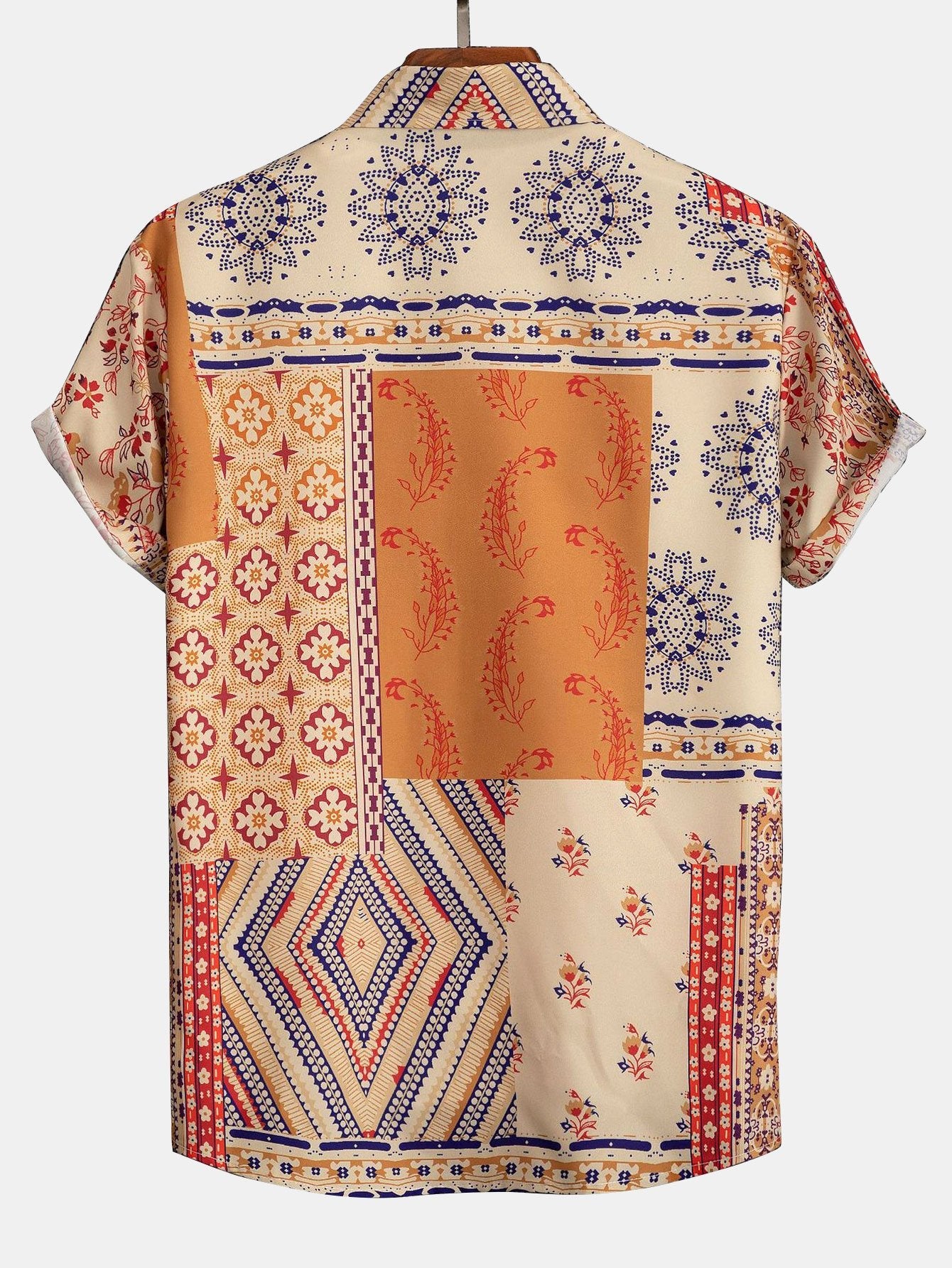 Men's Patchwork Print Shirt Short Sleeve Button Up Shirt