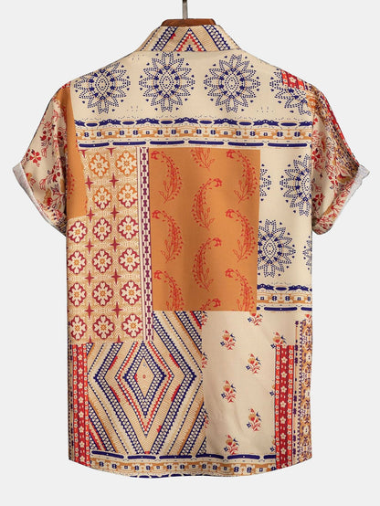 Men's Patchwork Print Shirt Short Sleeve Button Up Shirt