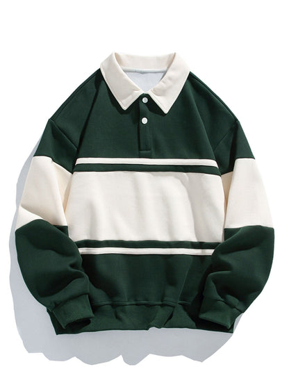 Men's Polo Collar Pullover Sweatshirt Horizontal Stripe Design