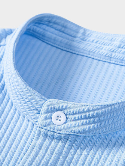 Men's Band Collar Short Sleeve Button Up Textured Shirt