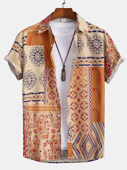Men's Patchwork Print Shirt Short Sleeve Button Up Shirt