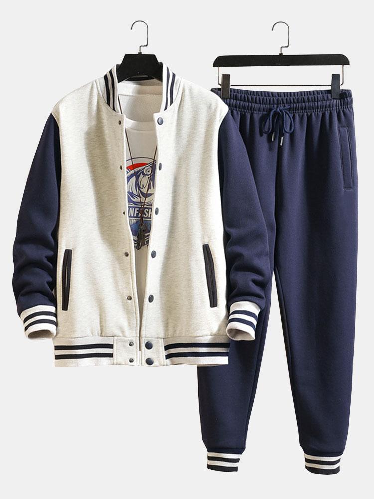 Men's Button Front Varsity Jacket Pants Matching Set