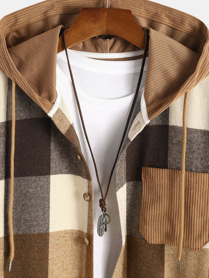 Men's Plaid Hooded Shirt Button Up Long Sleeve Overshirt Top