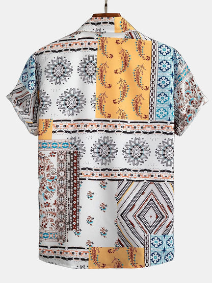 Men's Patchwork Print Shirt Short Sleeve Button Up Shirt
