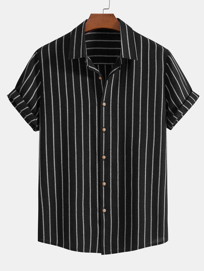 Men's Short Sleeve Striped Shirt Button Front Regular Fit Top