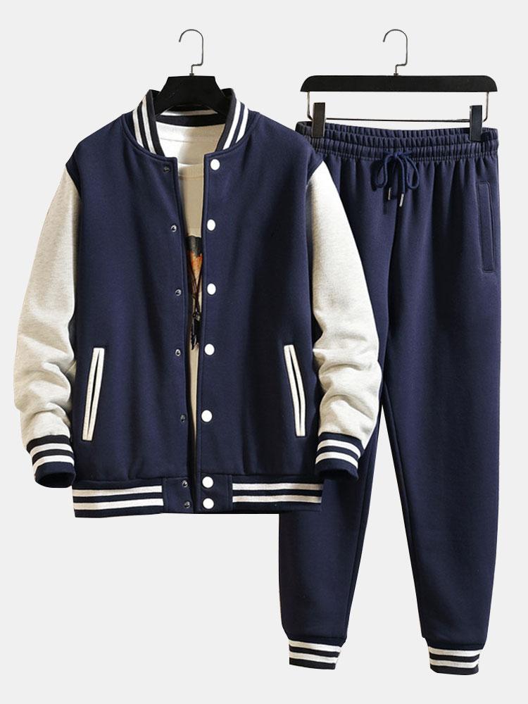 Men's Button Front Varsity Jacket Pants Matching Set