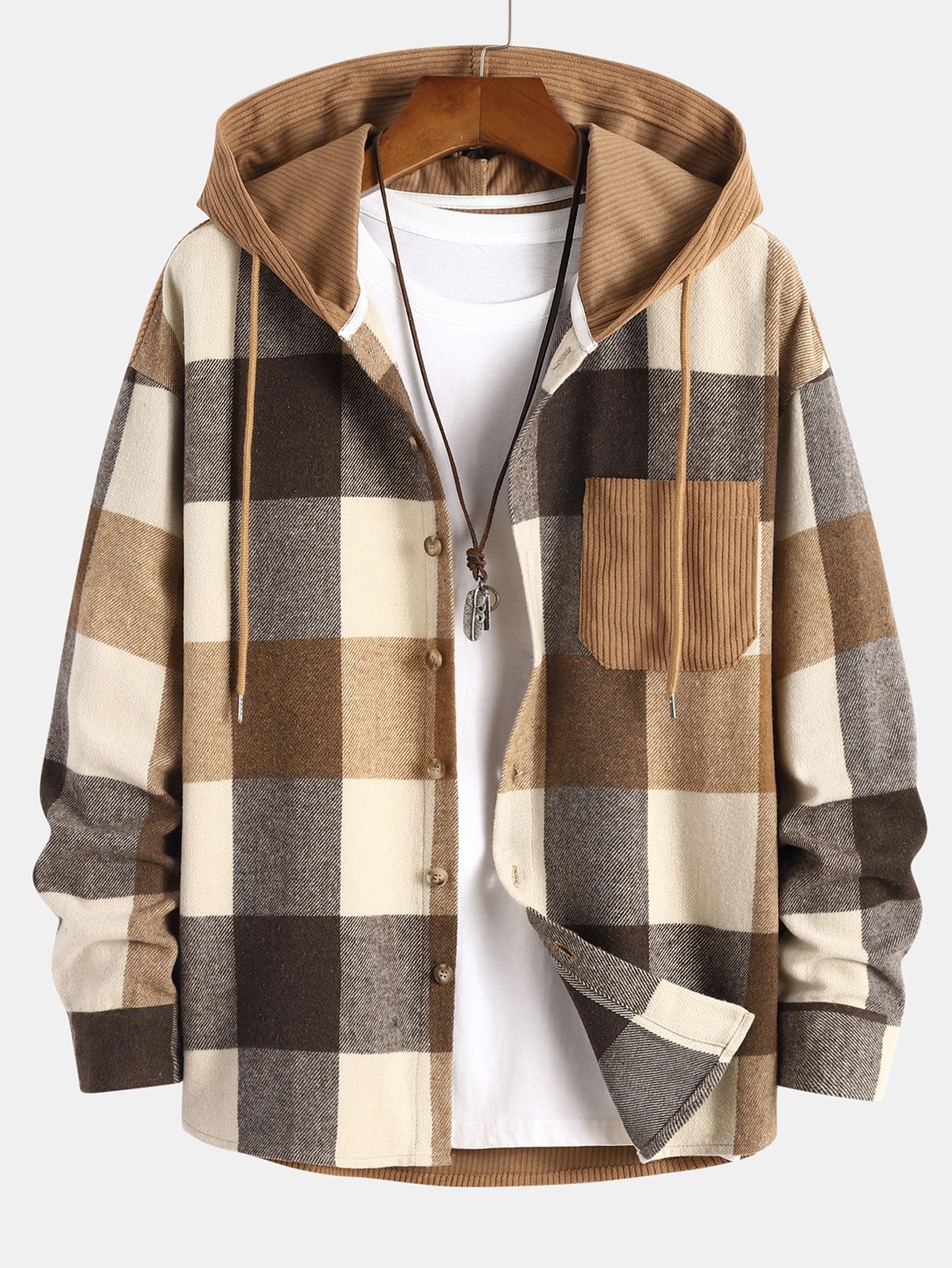 Men's Plaid Hooded Shirt Button Up Long Sleeve Overshirt Top