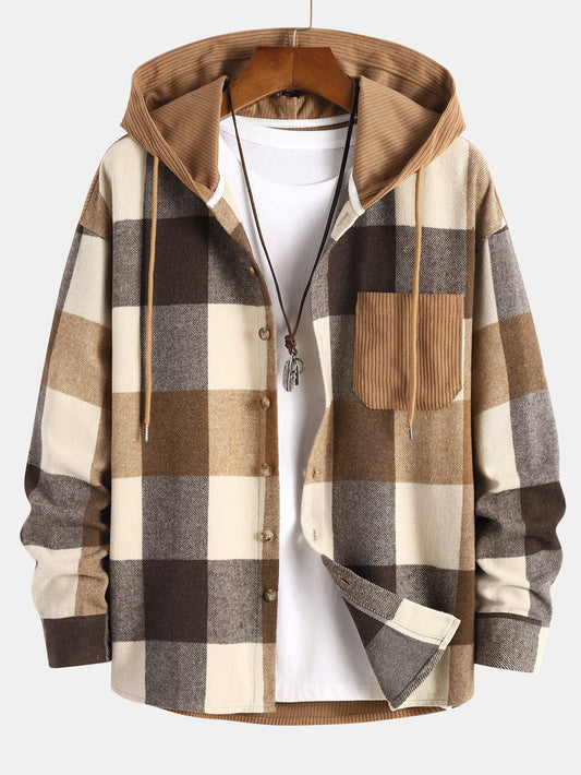 Men's Plaid Hooded Shirt Button Up Long Sleeve Overshirt Top