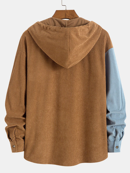 Men's Hooded Color Block Shirt Long Sleeve Button Front Shacket Top