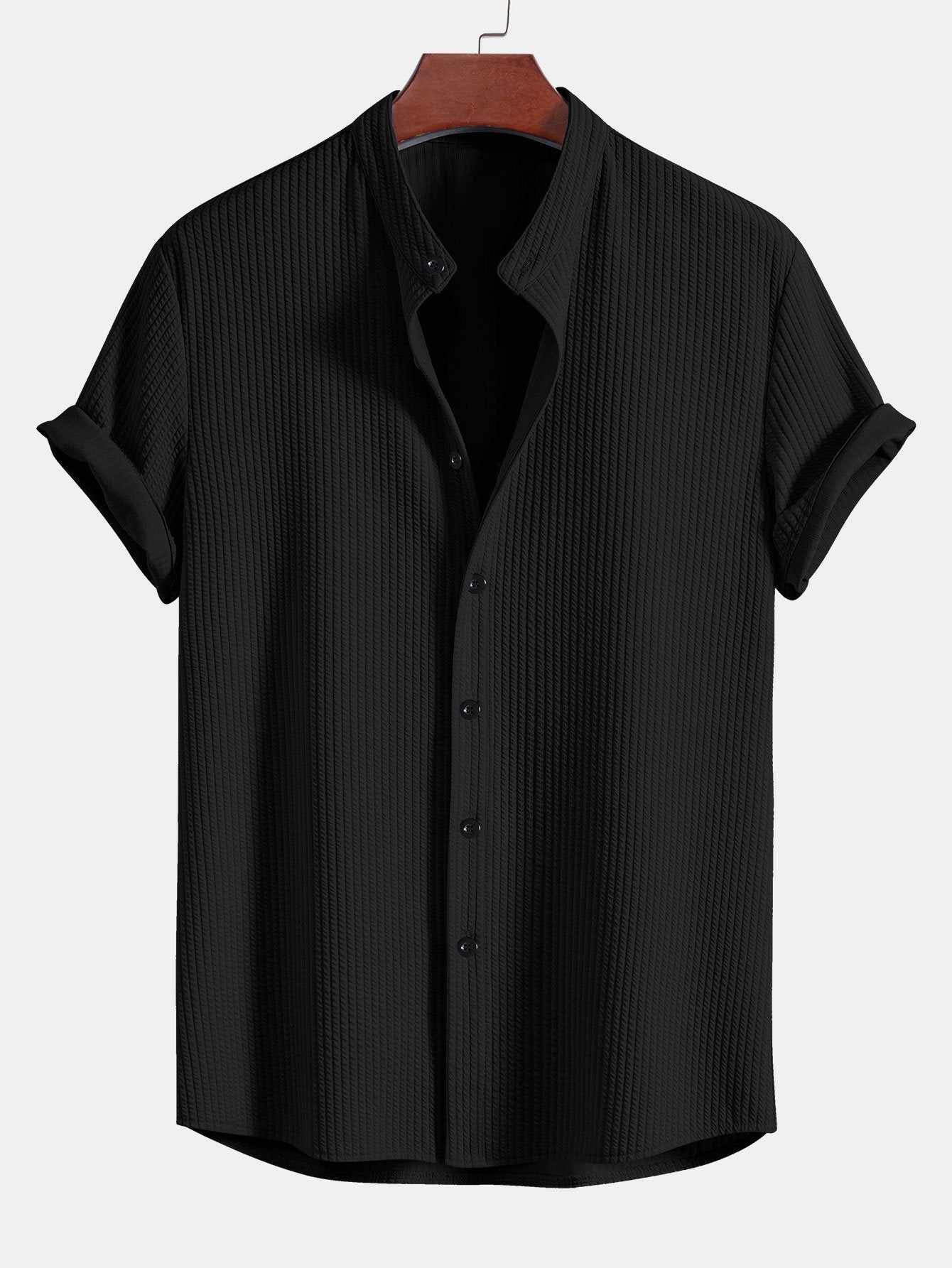 Men's Band Collar Short Sleeve Button Up Textured Shirt
