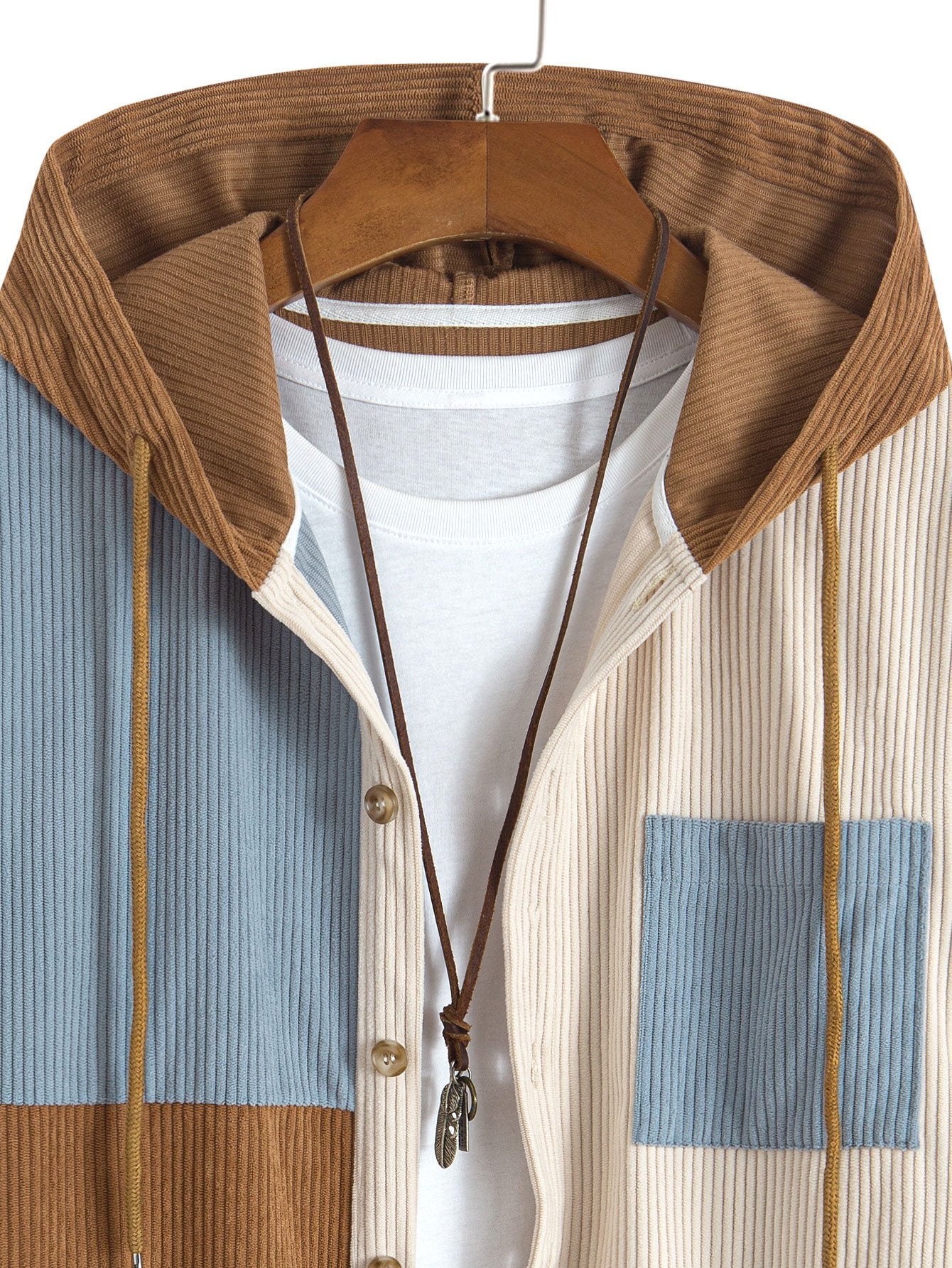 Men's Hooded Color Block Shirt Long Sleeve Button Front Shacket Top