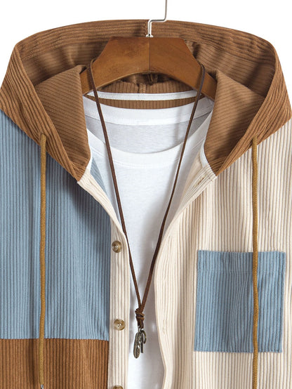 Men's Hooded Color Block Shirt Long Sleeve Button Front Shacket Top