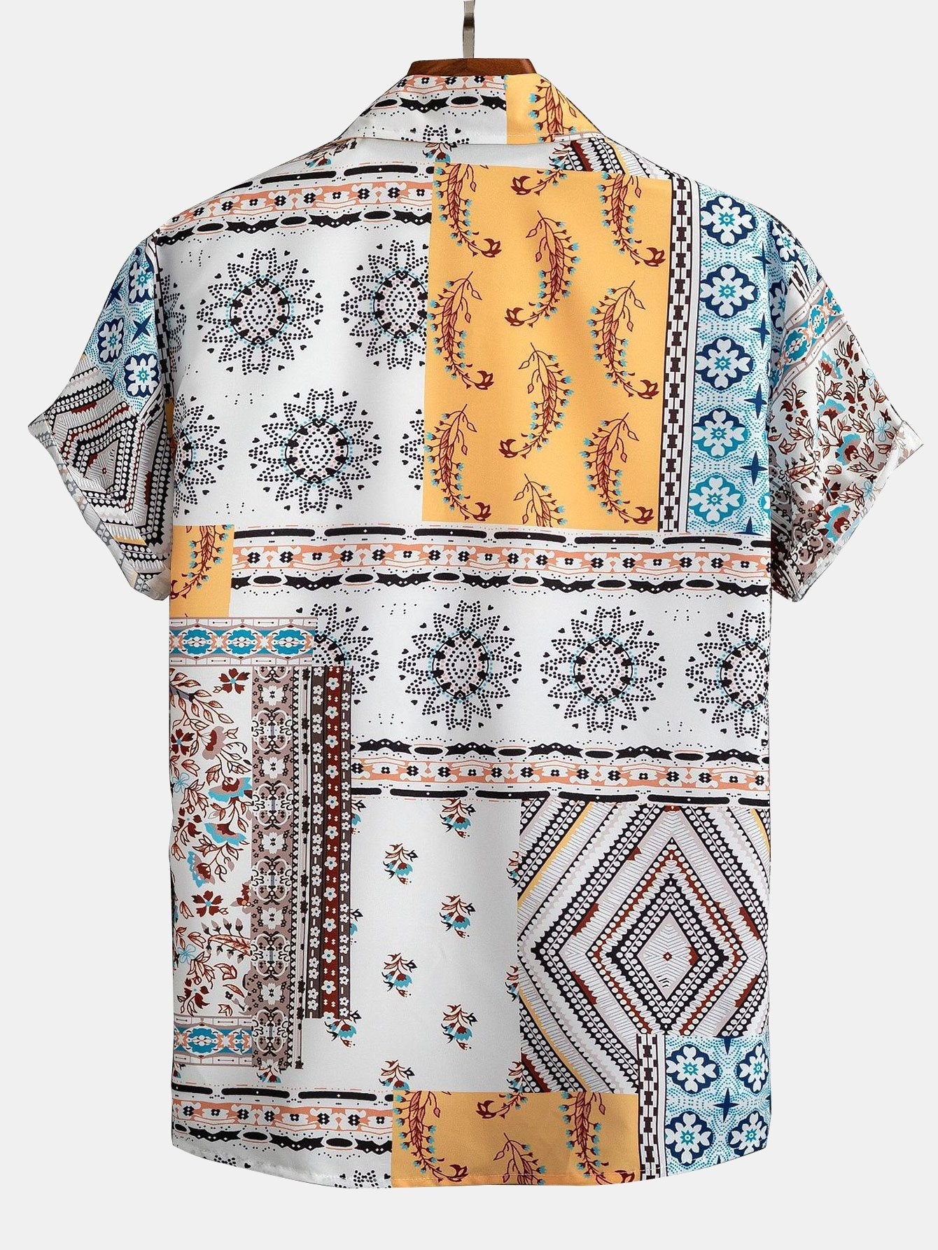 Men's Patchwork Print Shirt with Elastic Waist Shorts Set