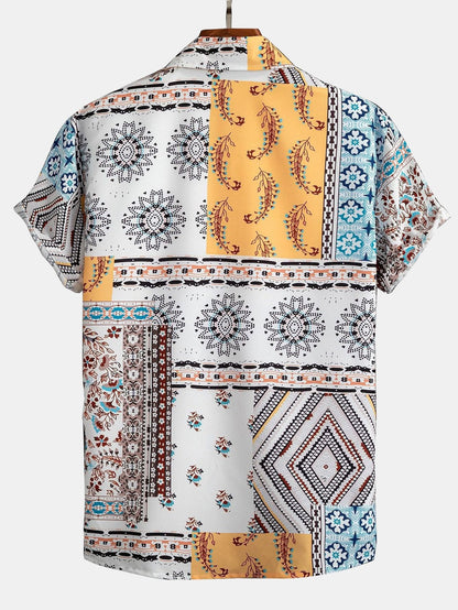 Men's Patchwork Print Shirt with Elastic Waist Shorts Set