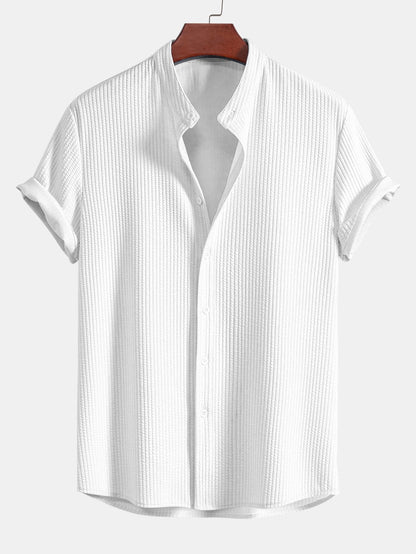 Men's Band Collar Short Sleeve Button Up Textured Shirt