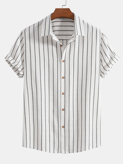Men's Short Sleeve Striped Shirt Button Front Regular Fit Top