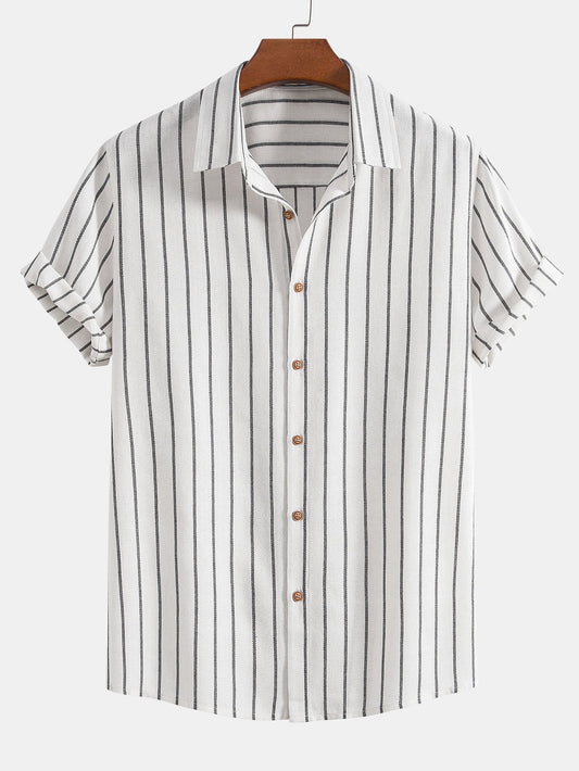 Men's Short Sleeve Striped Shirt Button Front Regular Fit Top