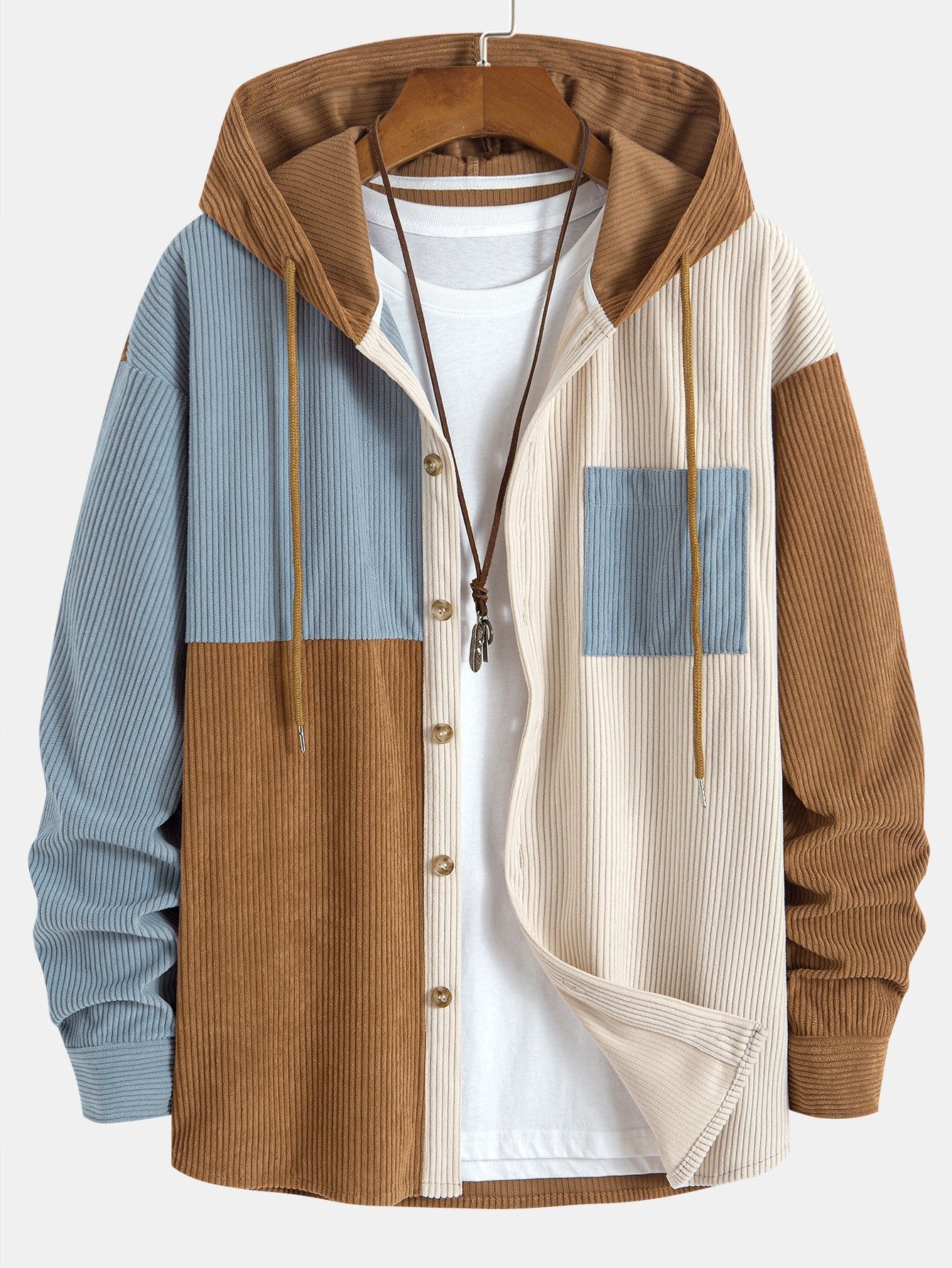 Men's Hooded Color Block Shirt Long Sleeve Button Front Shacket Top