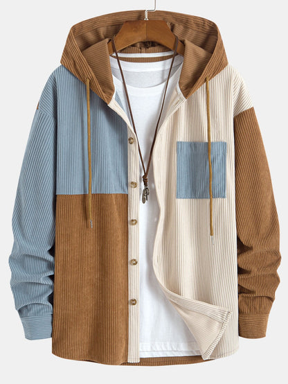 Men's Hooded Color Block Shirt Long Sleeve Button Front Shacket Top