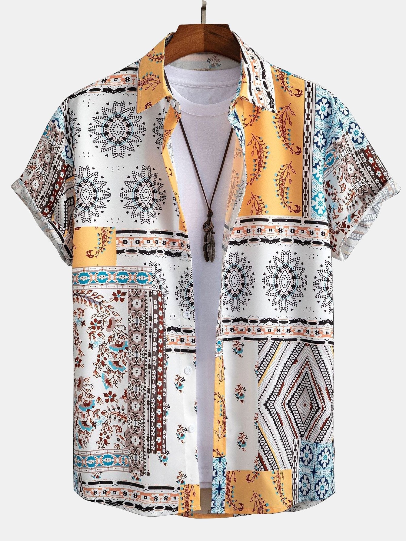 Men's Patchwork Print Shirt with Elastic Waist Shorts Set