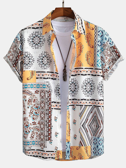 Men's Patchwork Print Shirt with Elastic Waist Shorts Set