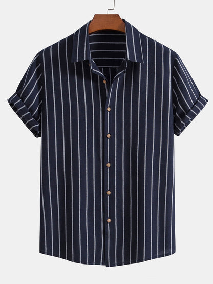 Men's Short Sleeve Striped Shirt Button Front Regular Fit Top