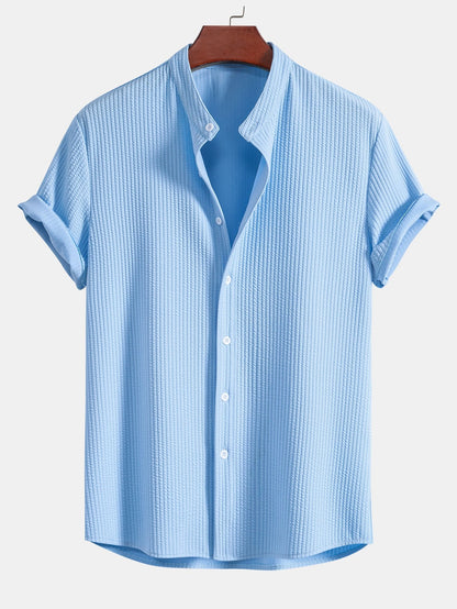 Men's Band Collar Short Sleeve Button Up Textured Shirt