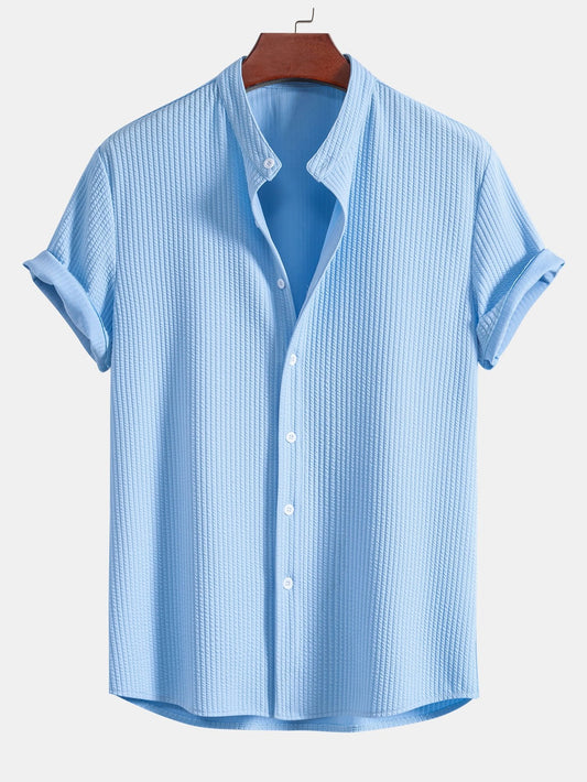 Men's Band Collar Short Sleeve Button Up Textured Shirt