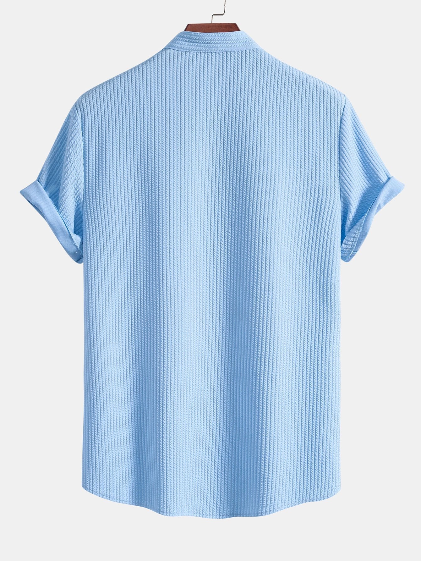Men's Band Collar Short Sleeve Button Up Textured Shirt