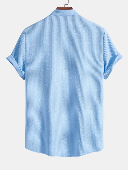 Men's Band Collar Short Sleeve Button Up Textured Shirt