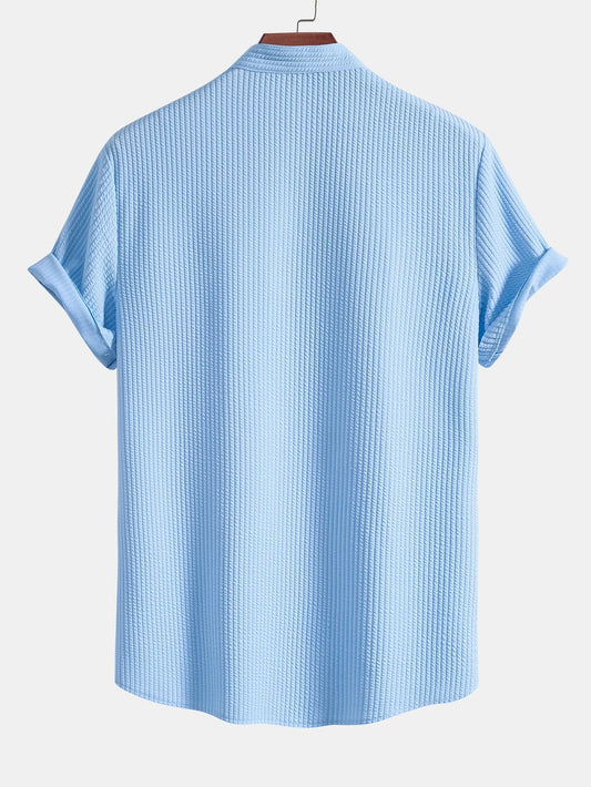 Men's Band Collar Short Sleeve Button Up Textured Shirt